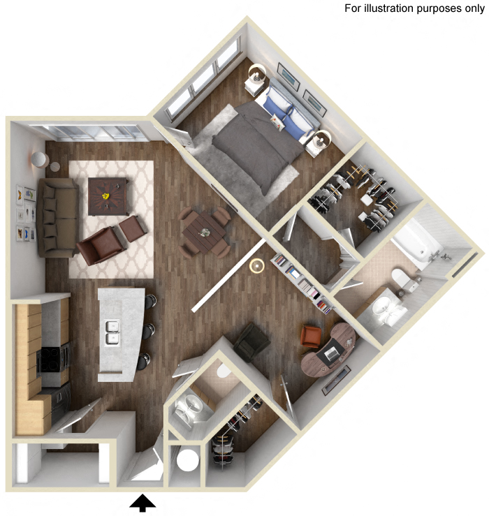 Floor plan for 1 bed, 1 bath, 951 sqft